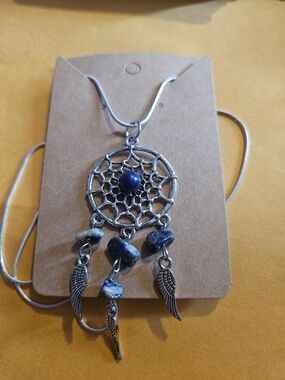 Silver Dreamcatcher Necklace with Blue Stone Accents